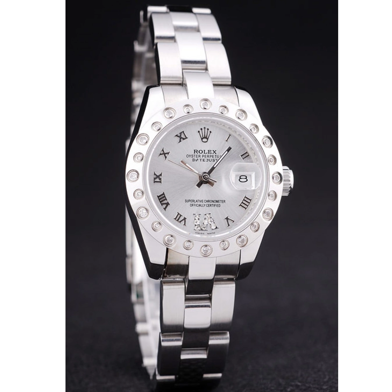 AAA replica watch Polished Silver Rolex Silver Datejust Bezel 7474 Dial Diamonds 0728